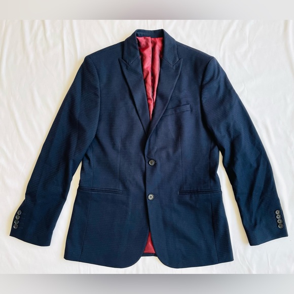 NEW Calvin Klein Two Button Navy Blue Houndstooth Jacquard Sportcoat Blazer sz S